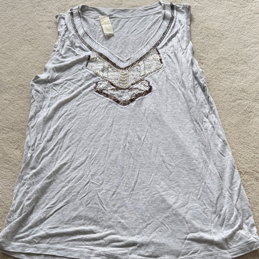 NWT Love Sam SOFTEST Jersey Gray Sleeveless Top with Beaded Design